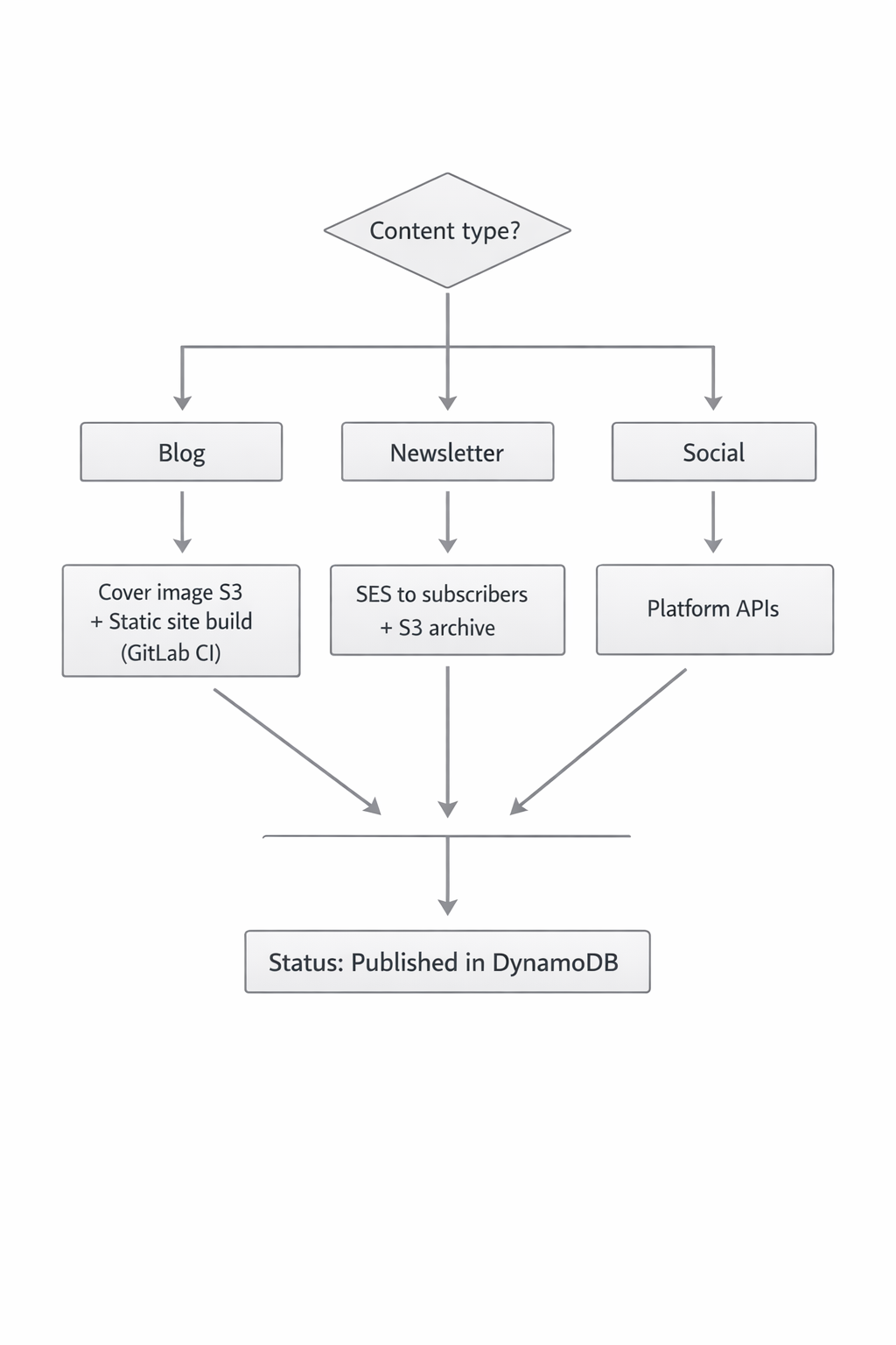 Content types: Blog, Newsletter, Social — each routed to its publishing target